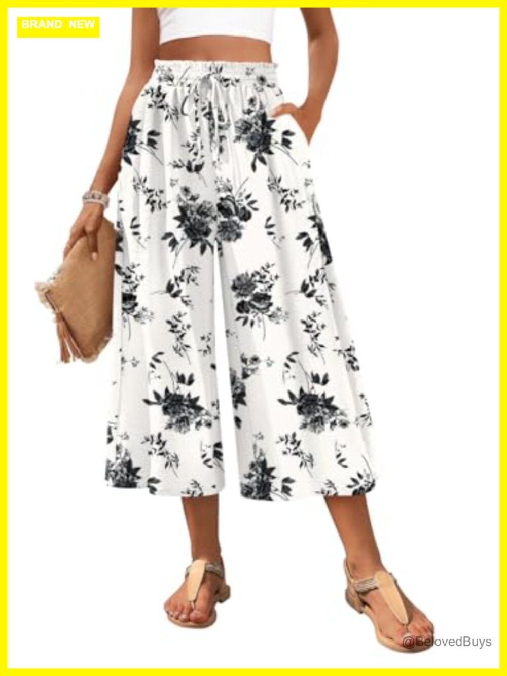 Wide Leg Capri Palazzo Pants High Waist Drawstring Pockets Flowy Gaucho